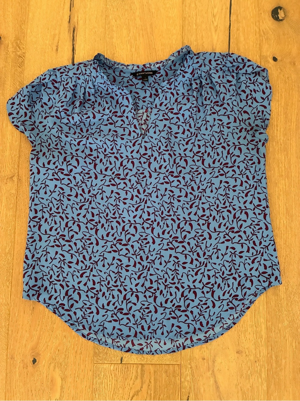 41 Hawthorn Sky Blue Short Sleeve Blouse with Brown Leaf Print